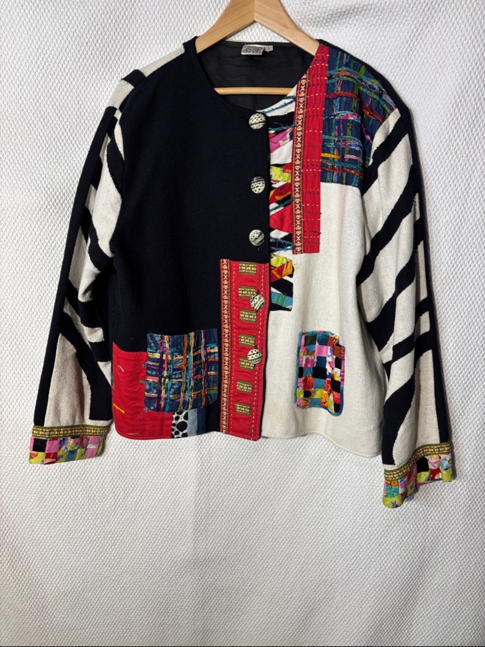 Parsley & Sage Sz L Patchwork Fun Buttons Lined Patch Pockets Jacket Blazer